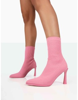 Farah Pink Knitted Sock Stiletto Ankle Pointed Heeled Boots