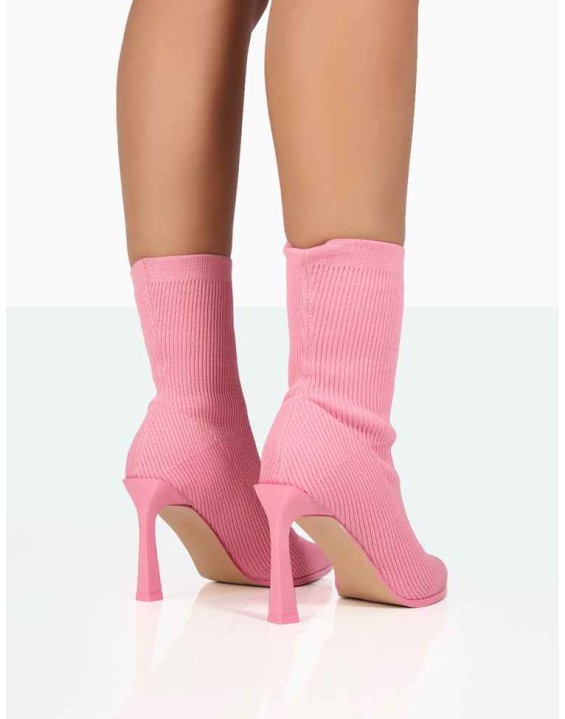 Farah Pink Knitted Sock Stiletto Ankle Pointed Heeled Boots