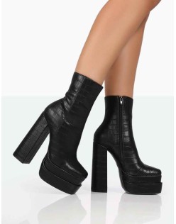 Supine Black Patent Croc Chunky Heeled Platform Ankle Boots