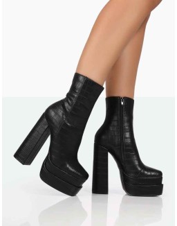 Supine Black Patent Croc Chunky Heeled Platform Ankle Boots