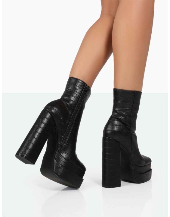 Supine Black Patent Croc Chunky Heeled Platform Ankle Boots