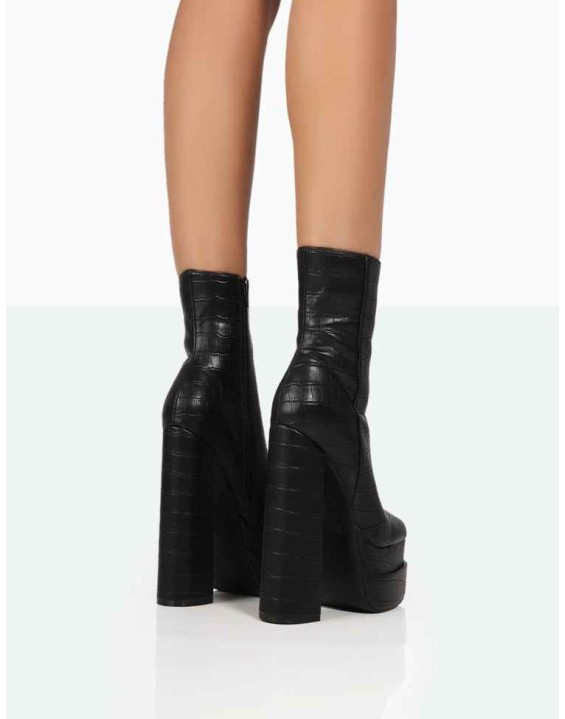 Supine Black Patent Croc Chunky Heeled Platform Ankle Boots