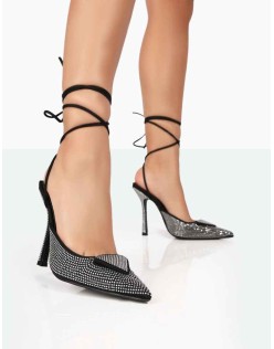 Galaxy Black Sparkly Diamante Pointed Stiletto Toe Lace Up Wrap Around Heels