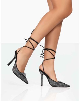 Galaxy Black Sparkly Diamante Pointed Stiletto Toe Lace Up Wrap Around Heels