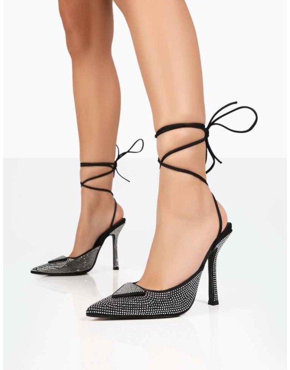 Galaxy Black Sparkly Diamante Pointed Stiletto Toe Lace Up Wrap Around Heels