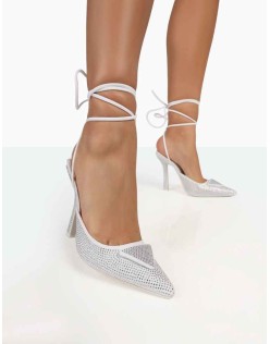 Galaxy Silver Sparkly Diamante Pointed Stiletto Toe Lace Up Wrap Around Heels