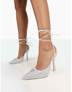 Galaxy Silver Sparkly Diamante Pointed Stiletto Toe Lace Up Wrap Around Heels