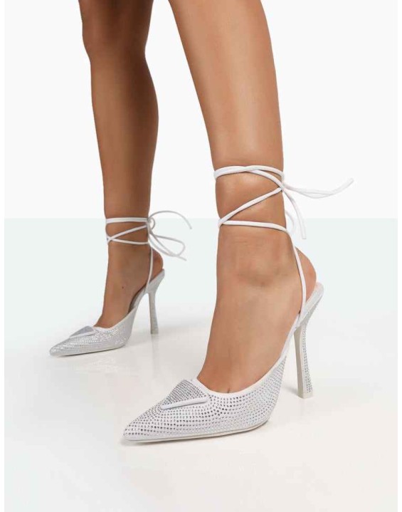 Galaxy Silver Sparkly Diamante Pointed Stiletto Toe Lace Up Wrap Around Heels