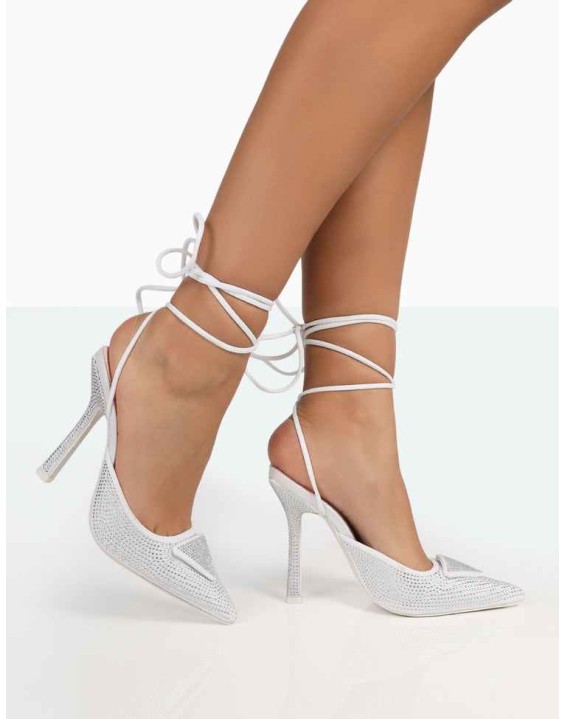 Galaxy Silver Sparkly Diamante Pointed Stiletto Toe Lace Up Wrap Around Heels
