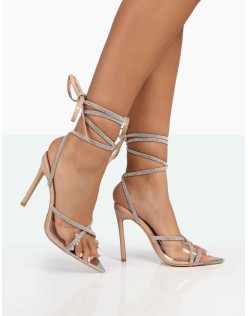 Scout Nude Patent Clear Perspex Pointed Toe Sparkly Diamante Strappy Wrap Around Heels