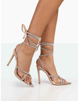 Scout Nude Patent Clear Perspex Pointed Toe Sparkly Diamante Strappy Wrap Around Heels