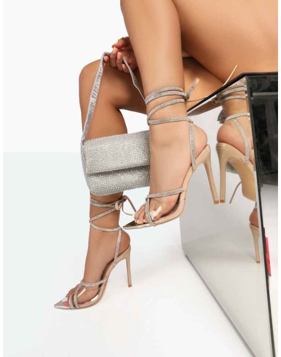 Scout Nude Patent Clear Perspex Pointed Toe Sparkly Diamante Strappy Wrap Around Heels