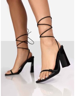 Cleo Black Pu Square Toe Strappy Lace Up Block Heels