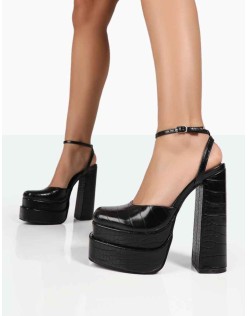 Moonchild Black Croc Closed Toe Statement Platform Block Heels