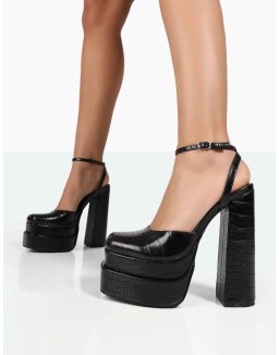 Moonchild Black Croc Closed Toe Statement Platform Block Heels