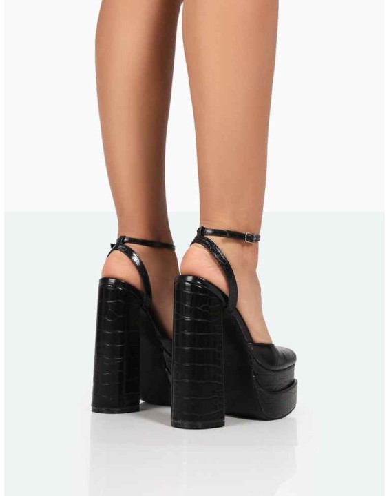 Moonchild Black Croc Closed Toe Statement Platform Block Heels