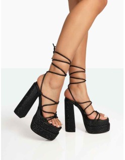 Glow Girl Black Sparkly Diamante Lace Up Platform Block High Heels