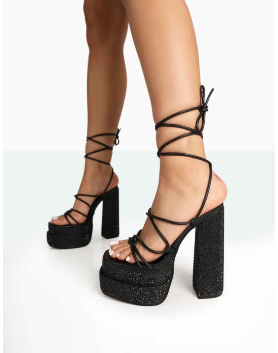 Glow Girl Black Sparkly Diamante Lace Up Platform Block High Heels