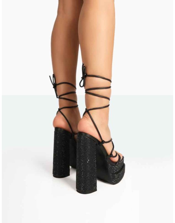 Glow Girl Black Sparkly Diamante Lace Up Platform Block High Heels