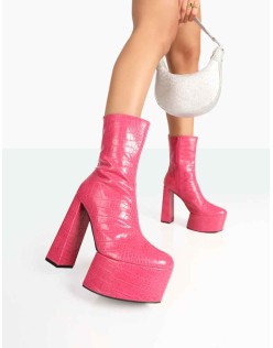Parker Pink Patent Croc Platform Rounded Pointed Toe Block Heeled Ankle Boots