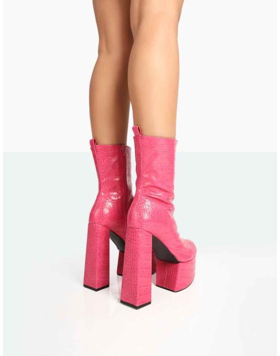 Parker Pink Patent Croc Platform Rounded Pointed Toe Block Heeled Ankle Boots