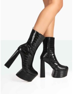 Parker Black Patent Croc Platform Rounded Pointed Toe Block Heeled Ankle Boots
