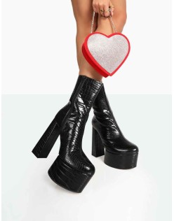 Parker Black Patent Croc Platform Rounded Pointed Toe Block Heeled Ankle Boots