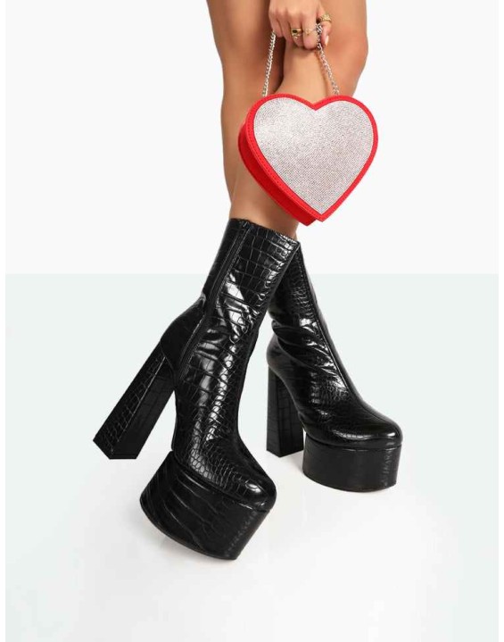 Parker Black Patent Croc Platform Rounded Pointed Toe Block Heeled Ankle Boots