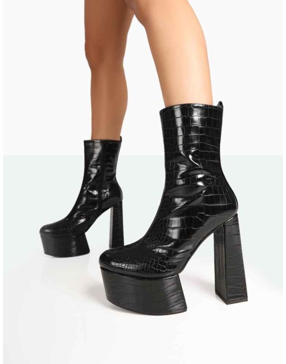 Parker Black Patent Croc Platform Rounded Pointed Toe Block Heeled Ankle Boots