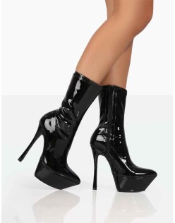 Vegas Black Patent Pointed Stilleto Platform Heeled Ankle Boots