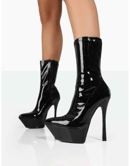 Vegas Black Patent Pointed Stilleto Platform Heeled Ankle Boots