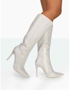 Lexi Silver Diamante Stiletto Knee High Boots