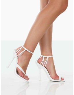Tory White Pu Square Toe Strappy Stiletto Heels