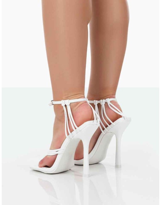 Tory White Pu Square Toe Strappy Stiletto Heels
