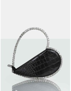 The Zee Black Croc Diamante Love Heart Grab Bag