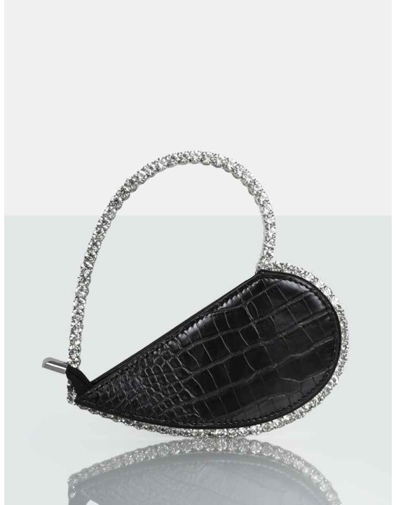 The Zee Black Croc Diamante Love Heart Grab Bag