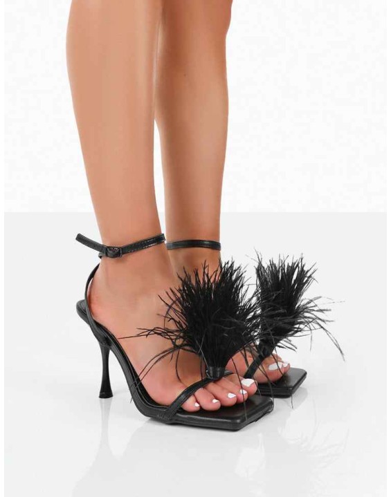Prancy Wide Fit Black PU Feather Square Toe Heels