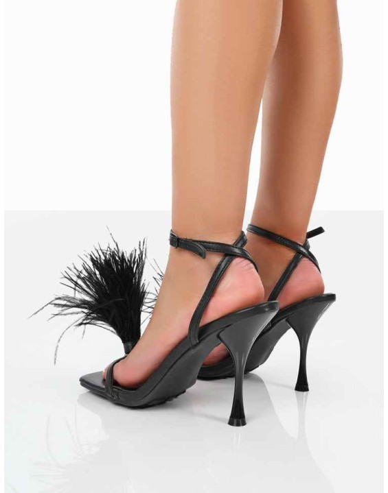 Prancy Wide Fit Black PU Feather Square Toe Heels