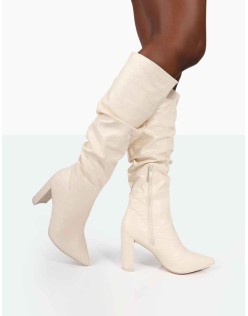 Mine Ecru Croc Pointed Toe Block Heeled Knee High Boots