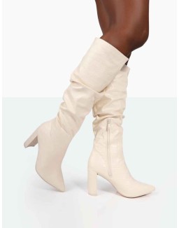 Mine Ecru Croc Pointed Toe Block Heeled Knee High Boots