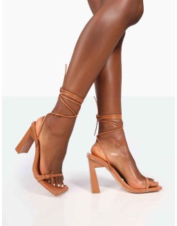 Cleo Caramel Nude Pu Square Toe Strappy Lace Up Block Heels