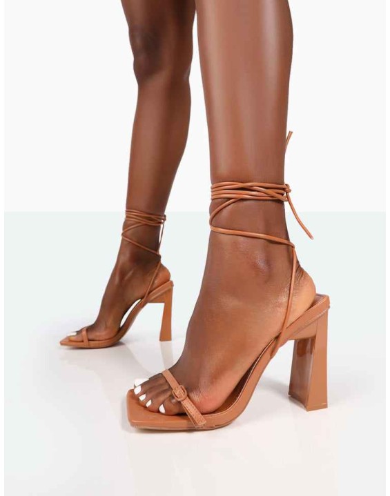 Cleo Caramel Nude Pu Square Toe Strappy Lace Up Block Heels