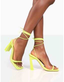Cleo Lime Pu Square Toe Strappy Lace Up Block Heels