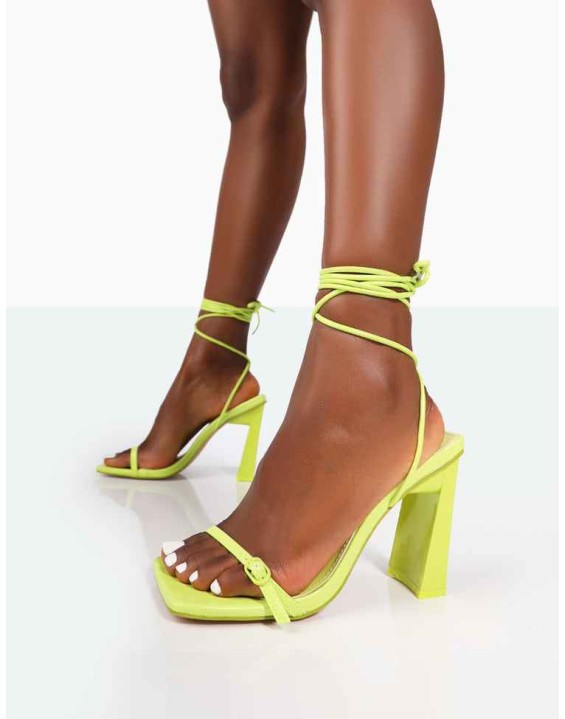 Cleo Lime Pu Square Toe Strappy Lace Up Block Heels