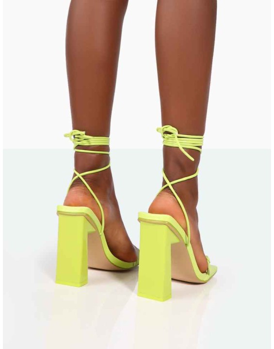 Cleo Lime Pu Square Toe Strappy Lace Up Block Heels