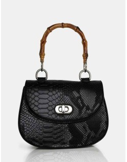 The Kalena Black Croc Bamboo Handle Mini Bag