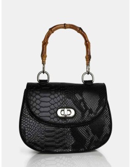 The Kalena Black Croc Bamboo Handle Mini Bag