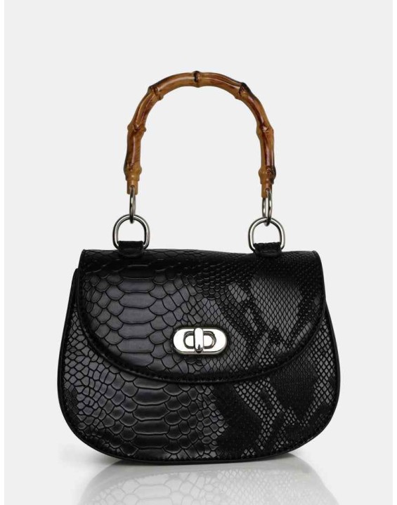 The Kalena Black Croc Bamboo Handle Mini Bag