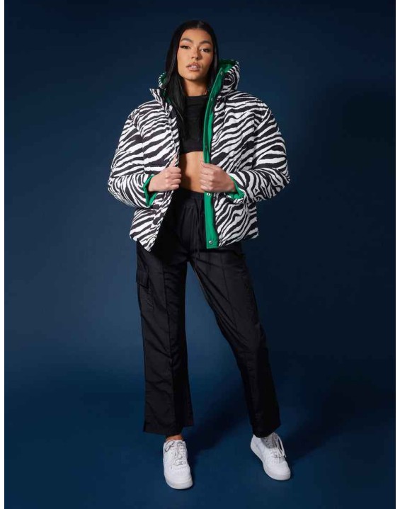 REVERSIBLE QUILTED PUFFER GREEN AND ZEBRA