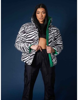 REVERSIBLE QUILTED PUFFER GREEN AND ZEBRA